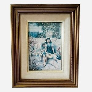 Antique Victorian William Coleman Girls Garden Print Butterflies Framed 10.5x8.7